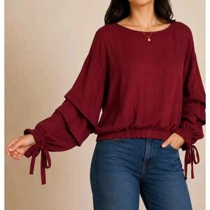 Olm Satin Ruffle Sleeve Bow Tie Boho Peasant Blouse Red Mulberry Size XL